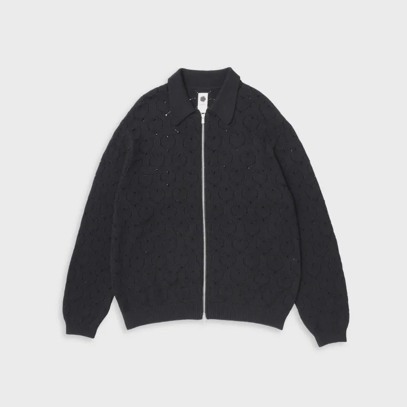 vowels Eyelet Knitted Zip Up Sweater - Black made by Vowels