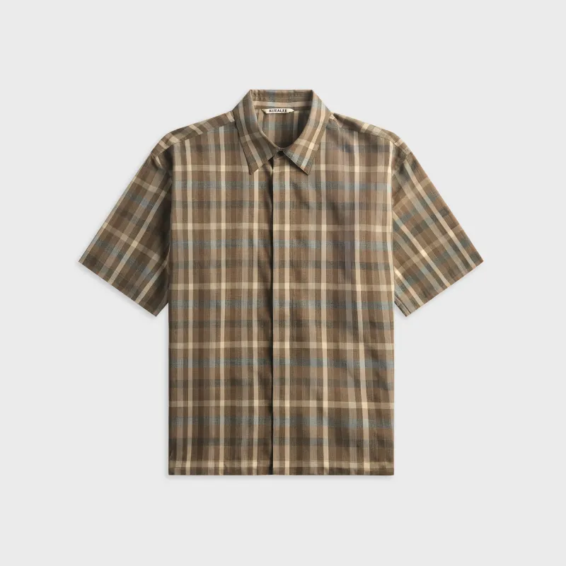 Auralee Super Fine Tropical Wool Check Short Sleeve Shirt - Brown made by Auralee