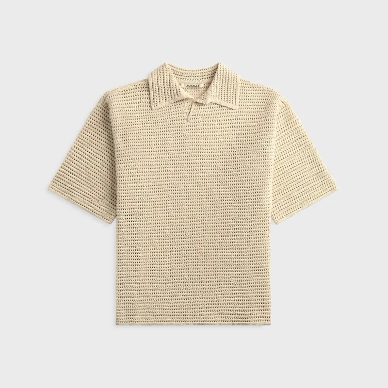 Auralee Tussah Silk Cotton Mesh Knit Skipper Polo - Ivory made by Auralee