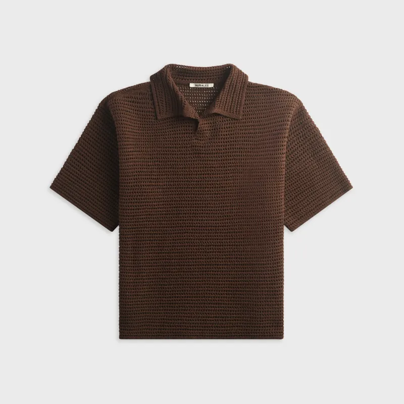 Auralee Tussah Silk Cotton Mesh Knit Skipper Polo - Brown made by Auralee