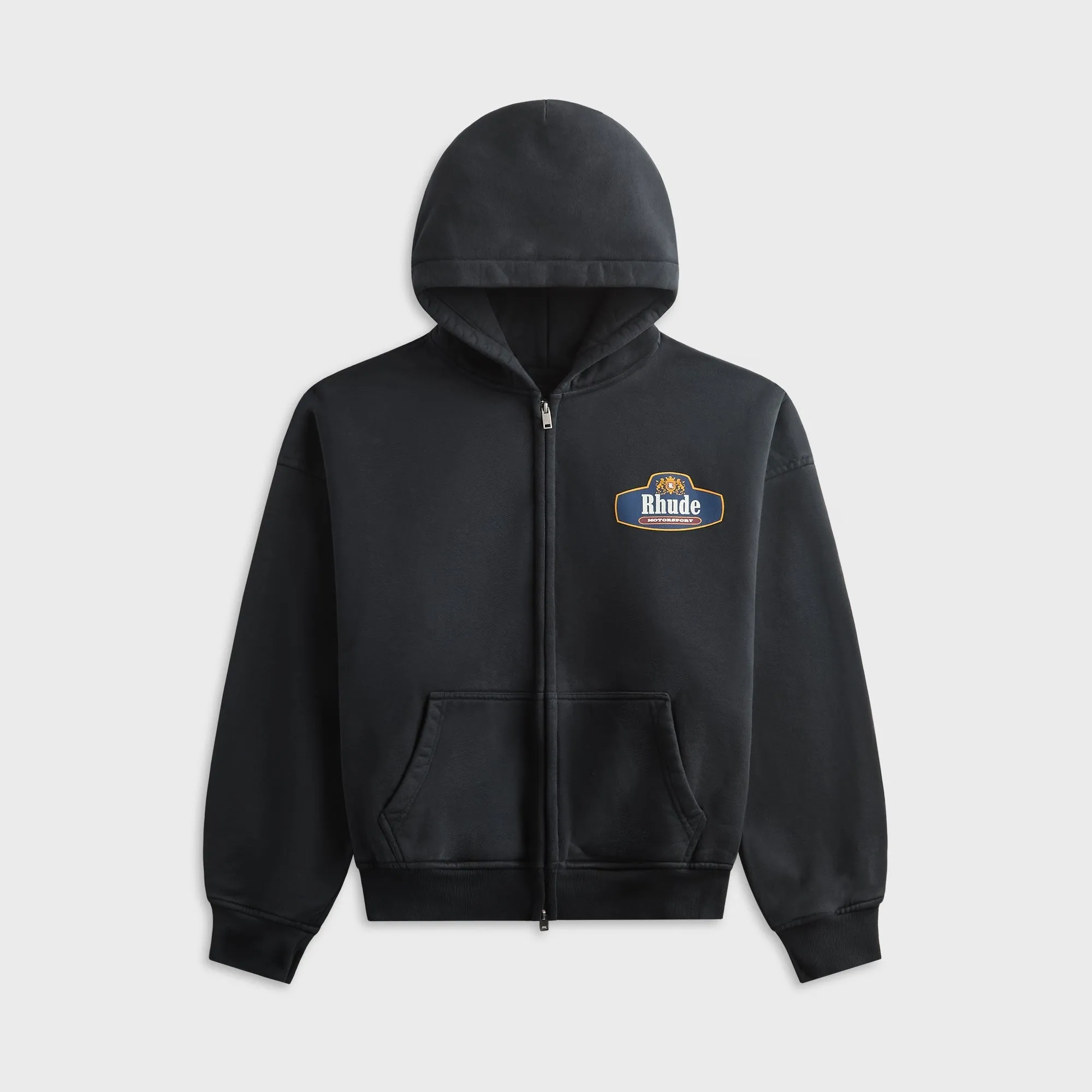 Rhude Racing Crest Zip-Up Hoodie - Vintage Black / Navy sold by Kith