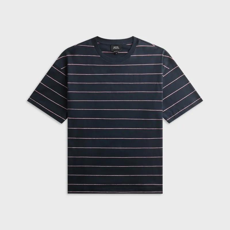 A.P.C. Loose Tee with Pink Stripes - Marine Blue made by A.P.C.