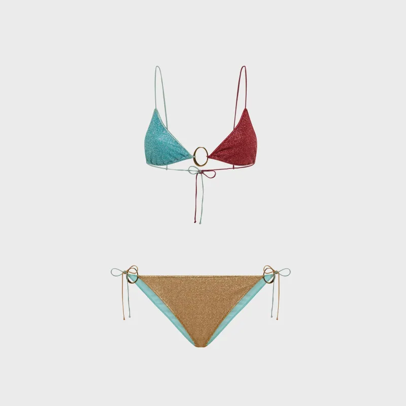 Oseree Lumiere O-Kini Lurex Bikini Set - Sea Turquoise / Coral Gold made by Oséree