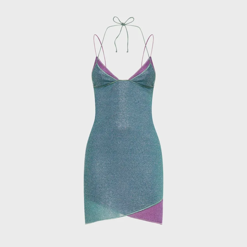 Oseree Lumiere Double Metallic Lurex Mini Dress - Sea Turquoise / Lilac made by Oséree