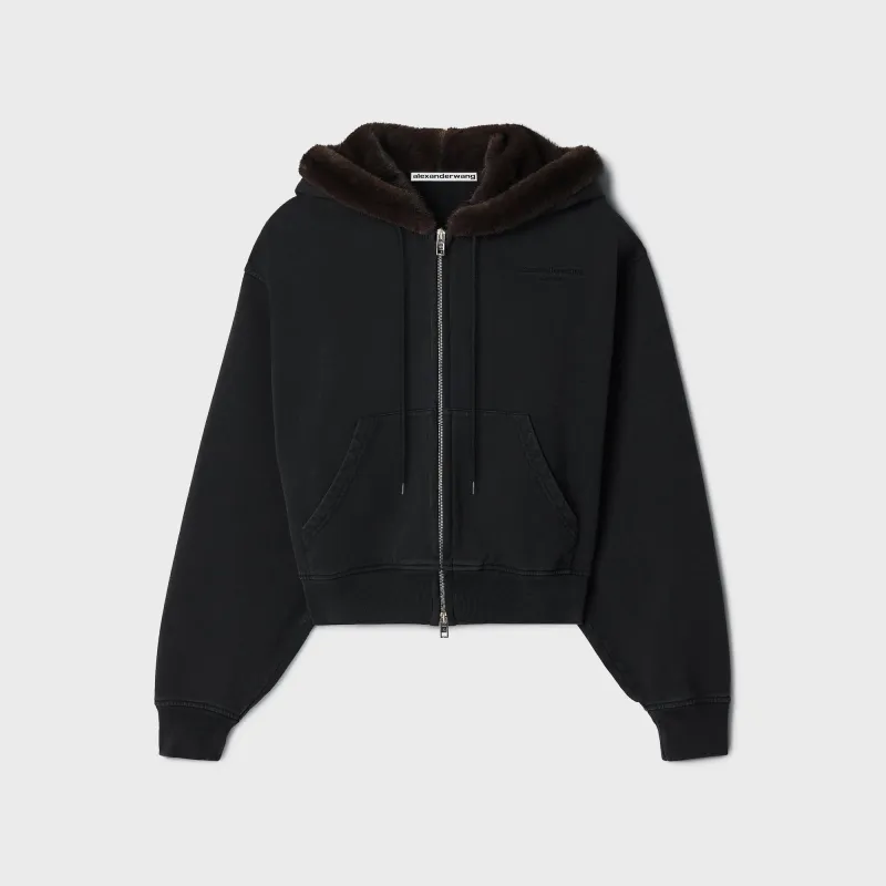 Alexander Wang Faux Fur Hood Zip Up Hoodie - Black made by Alexander Wang