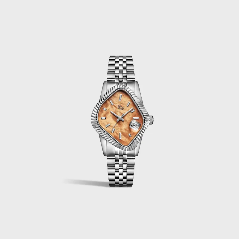 LAARVEE Silver Precision Steel Watch - Fluted Bezel / Golden Phoebe Wood Dial made by Kith