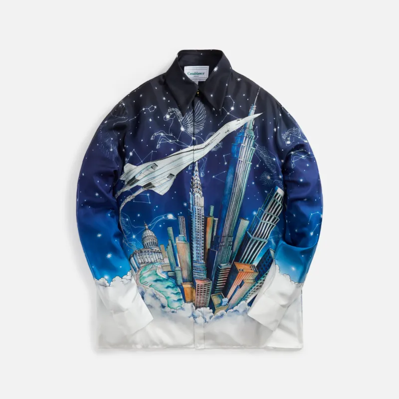 Casablanca Vol de Nuit Long Sleeve Twill Silk Shirt - Blue sold by Kith
