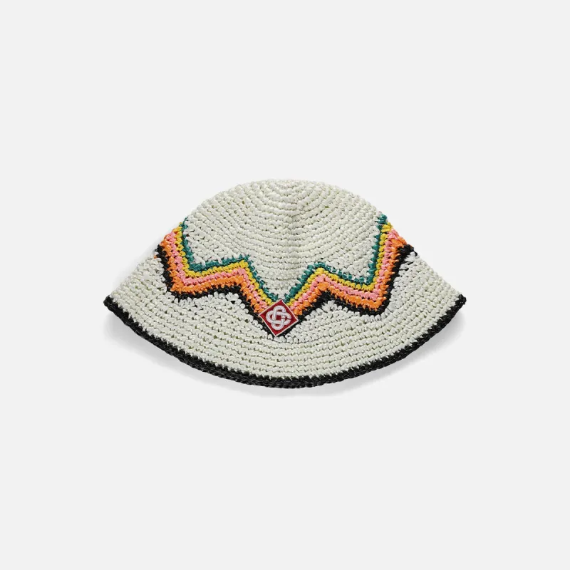 Casablanca Zig Zag Raffia Knit Crochet Bucket Hat - White sold by Kith