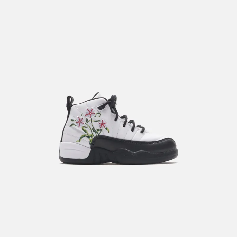 Nike Air Jordan Pre-School 12 Retro - White / Black / Vivid Green / Lavender Mist / Team Green / Gym Red sold by Kith