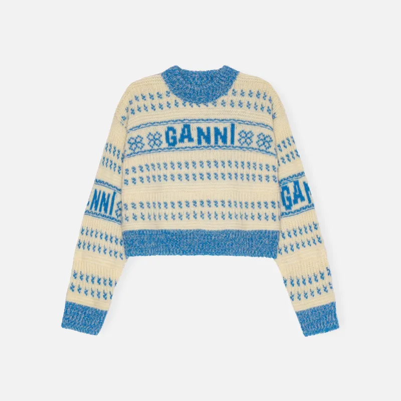 Ganni Graphic Lambswool Cropped O-Neck - Blue made by Ganni