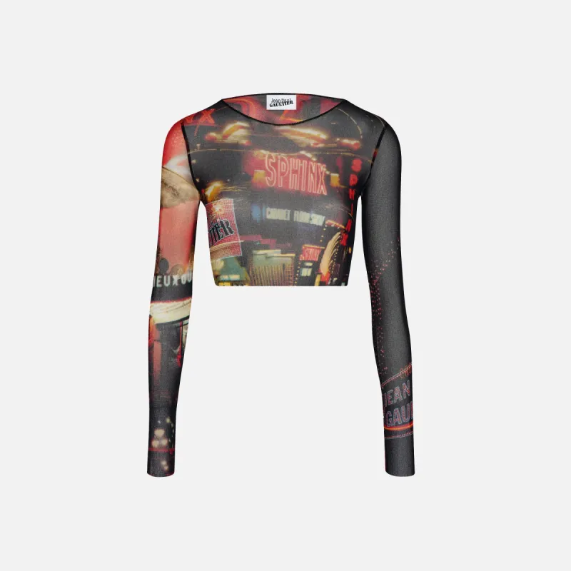 Jean Paul Gaultier Pigalle Printed Mesh Crop Top - Red made by Jean Paul Gaultier