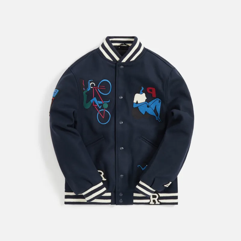 by Parra Run Sit & Bike Varsity Jacket - Navy Blue sold by Kith