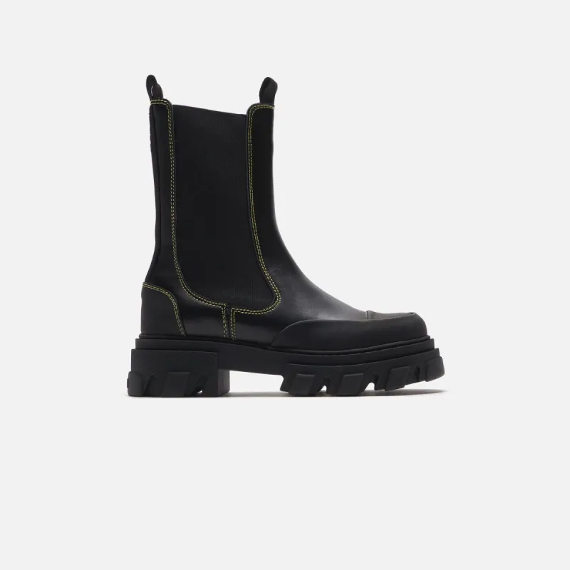 Ganni Mid Chelsea Yellow Stitch Boot - Black sold by Kith