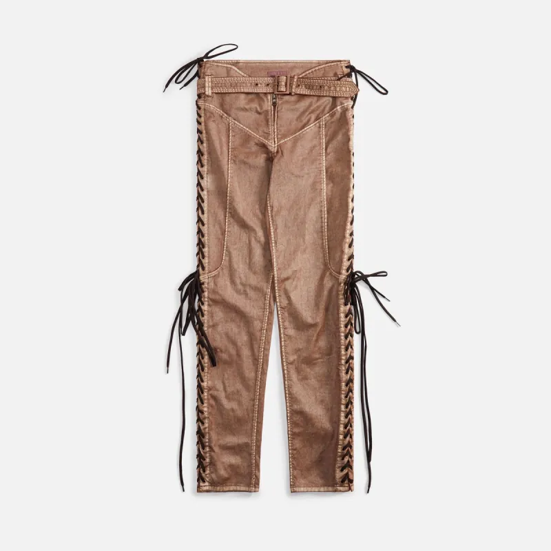 Jean Paul Gaultier x KNWLS Low Waist Laced Straight Trousers with Topstiched - Brown sold by Kith