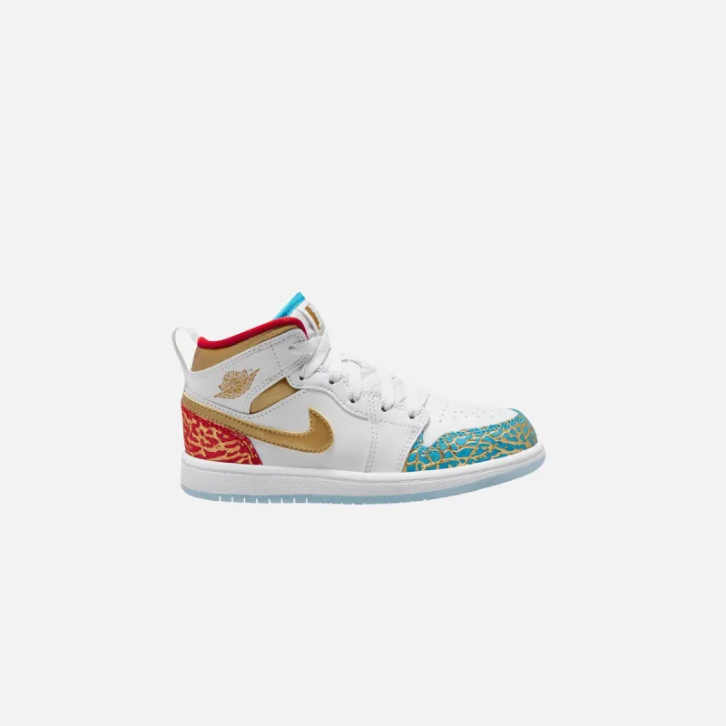 Nike PS Air Jordan 1 Mid - White / Metallic Gold / University Red / Blue Lightning sold by Kith