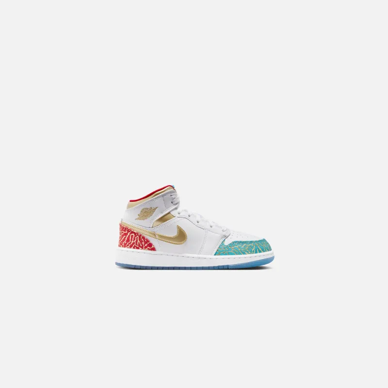 Nike GS Air Jordan 1 Mid - White / Metallic Gold / University Red / Blue Lightning sold by Kith