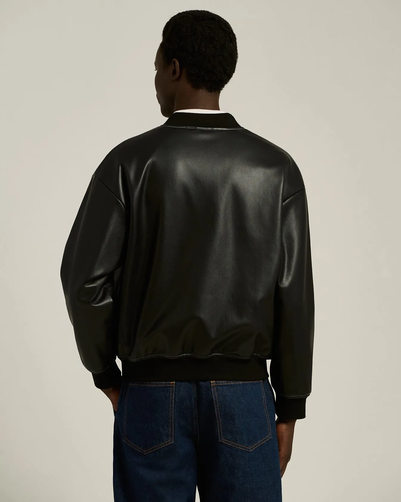 FAUX LEATHER BOMBER BLACK WITH RIBBED DETAILS sold by Kiton product image thumbnail 3