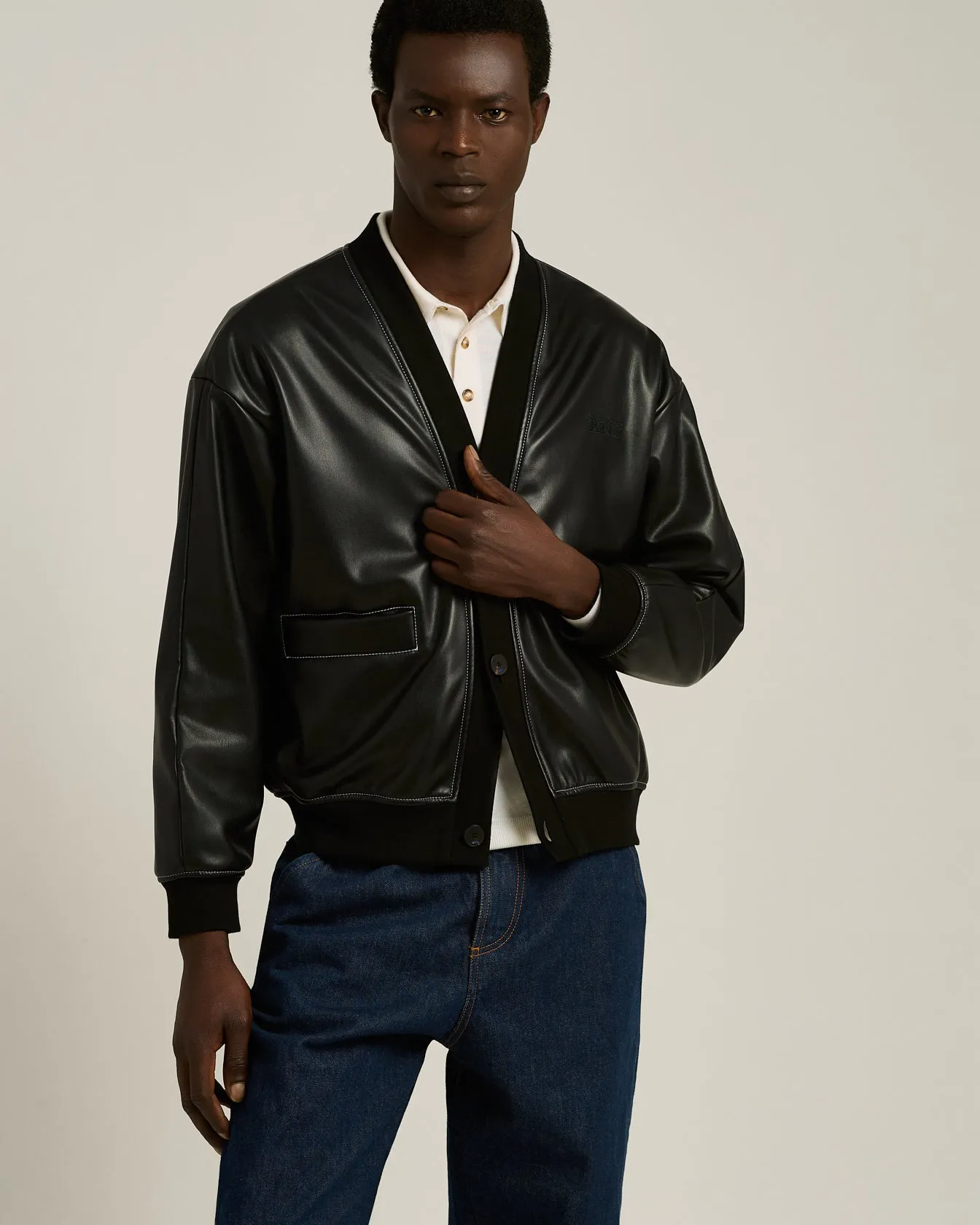 FAUX LEATHER BOMBER BLACK WITH RIBBED DETAILS sold by Kiton product image thumbnail 4