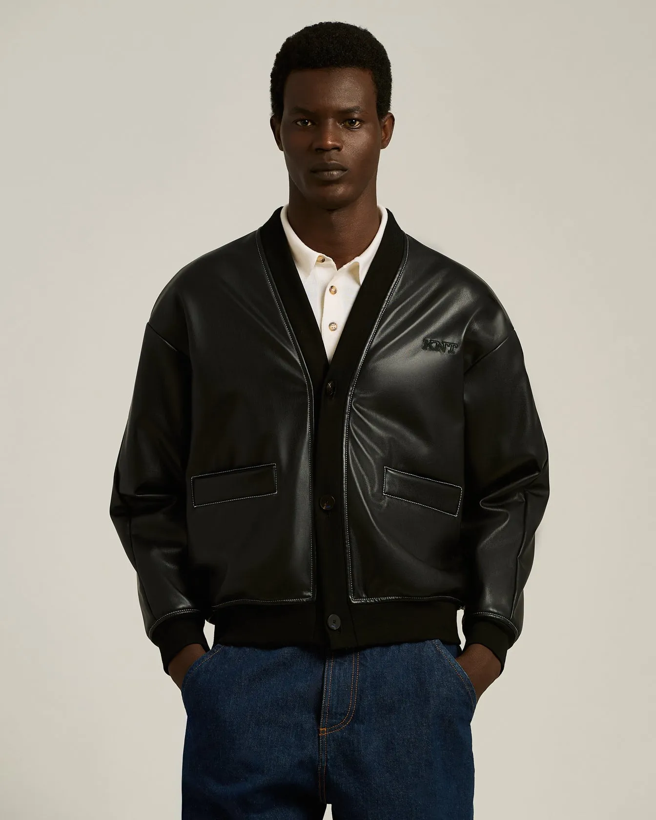 FAUX LEATHER BOMBER BLACK WITH RIBBED DETAILS sold by Kiton product image thumbnail 2