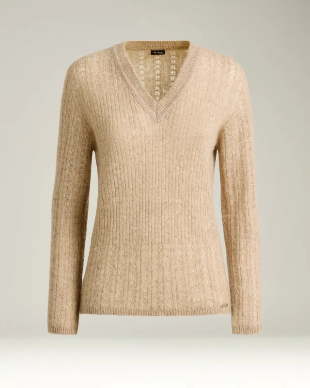 V-NECK OPENWORK SWEATER IN CASHMERE AND SILK BEIGE sold by Kiton