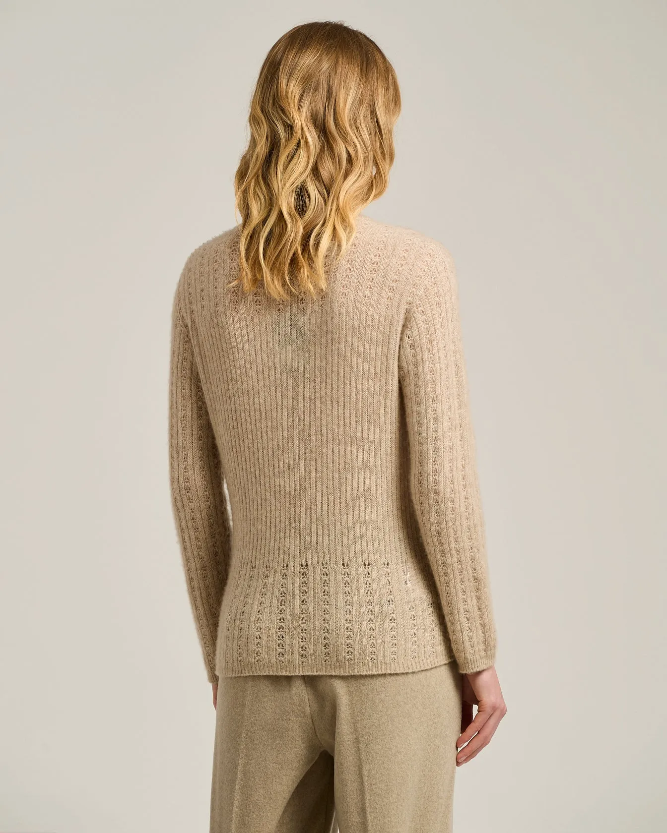 V-NECK OPENWORK SWEATER IN CASHMERE AND SILK BEIGE sold by Kiton product image thumbnail 3