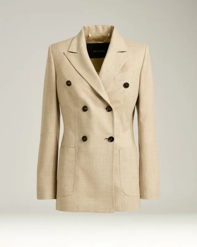 DOUBLE-BREASTED BLAZER PRINCE OF WALES IN VIRGIN WOOL BEIGE made by Kiton