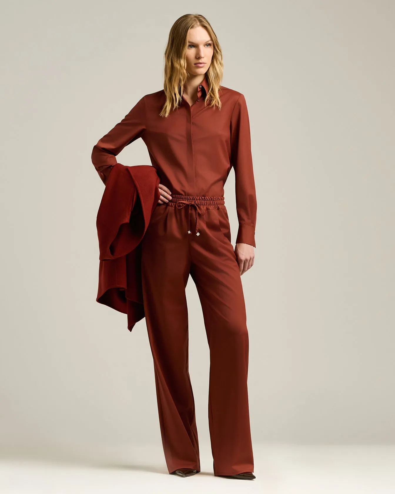 TERRACOTTA WOOL PALAZZO TROUSERS WITH ELASTIC WAIST sold by Kiton product image thumbnail 5