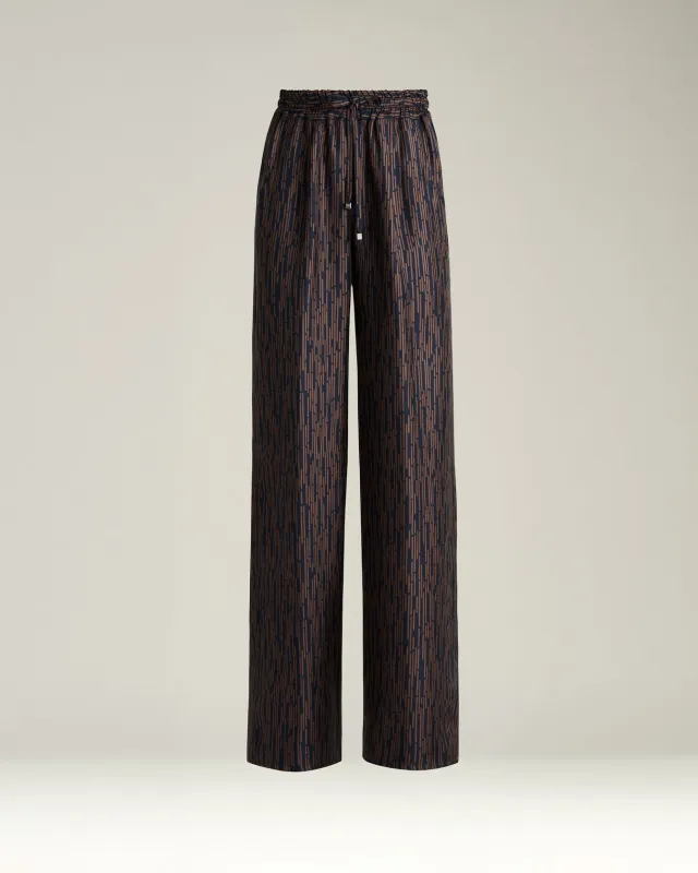 BLUE AND BROWN PRINTED SILK PALAZZO TROUSERS sold by Kiton