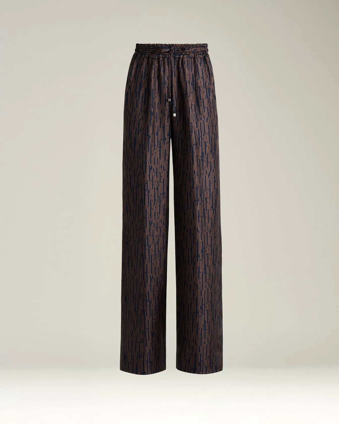 BLUE AND BROWN PRINTED SILK PALAZZO TROUSERS sold by Kiton