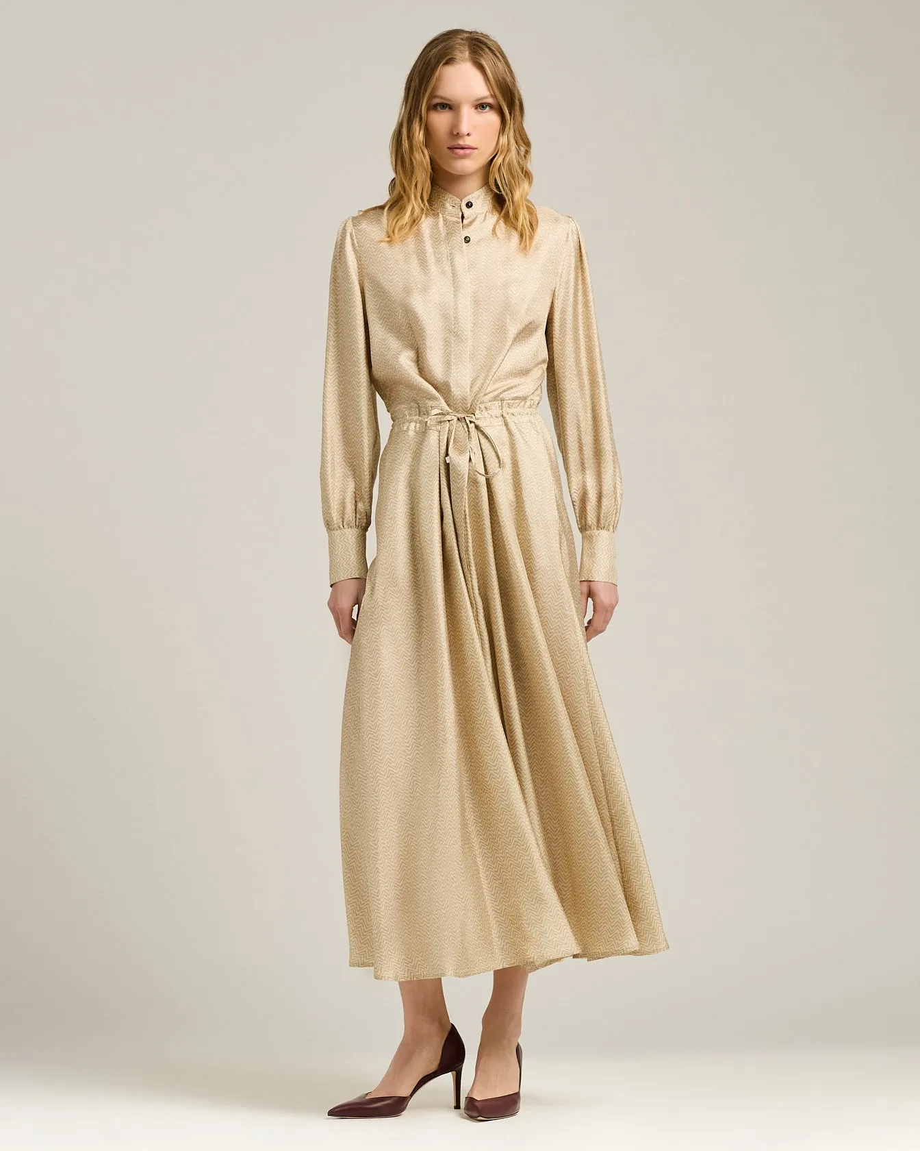 BEIGE PRINTED SILK MIDI SHIRT DRESS sold by Kiton product image thumbnail 2