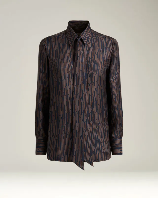 BLUE AND BROWN PRINTED SILK BLOUSE WITH TIE NECK sold by Kiton