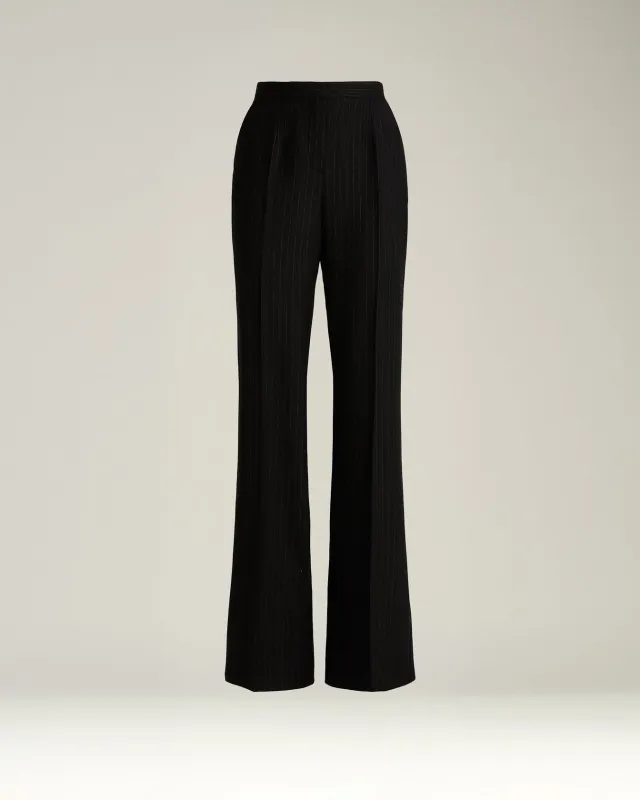 BLACK WIDE-LEG PINSTRIPE WORSTED WOOL TROUSERS sold by Kiton