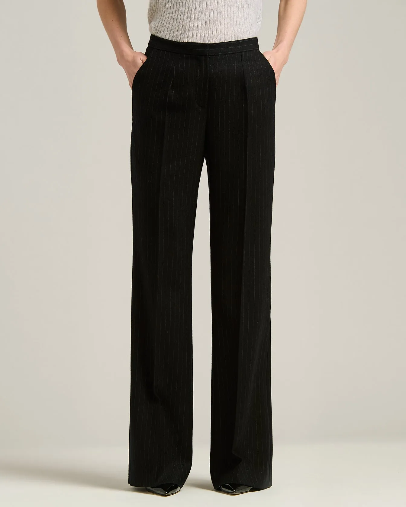 BLACK WIDE-LEG PINSTRIPE WORSTED WOOL TROUSERS sold by Kiton product image thumbnail 2