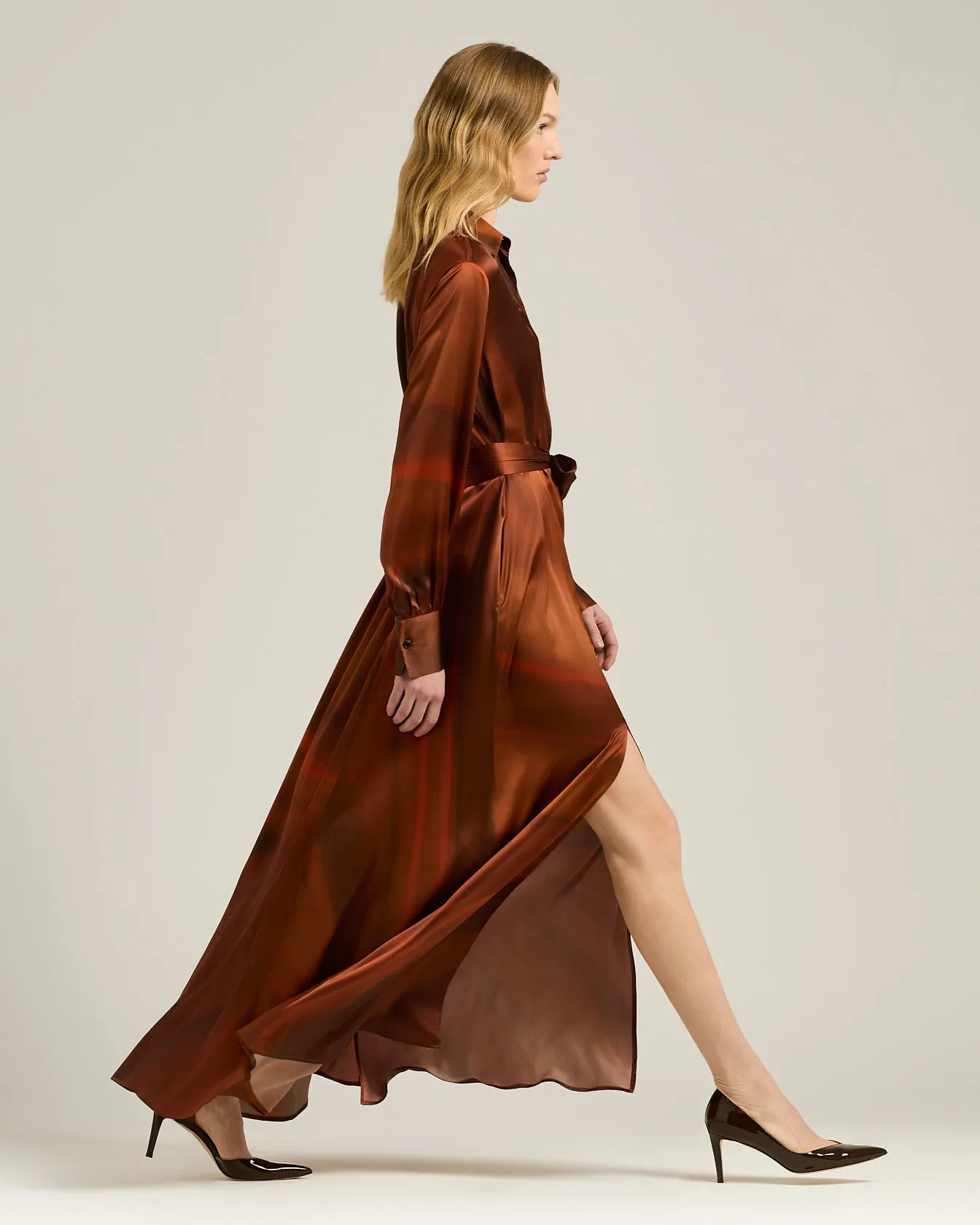 BROWN AND RUST PRINTED LONG SILK SHIRT DRESS sold by Kiton product image thumbnail 5