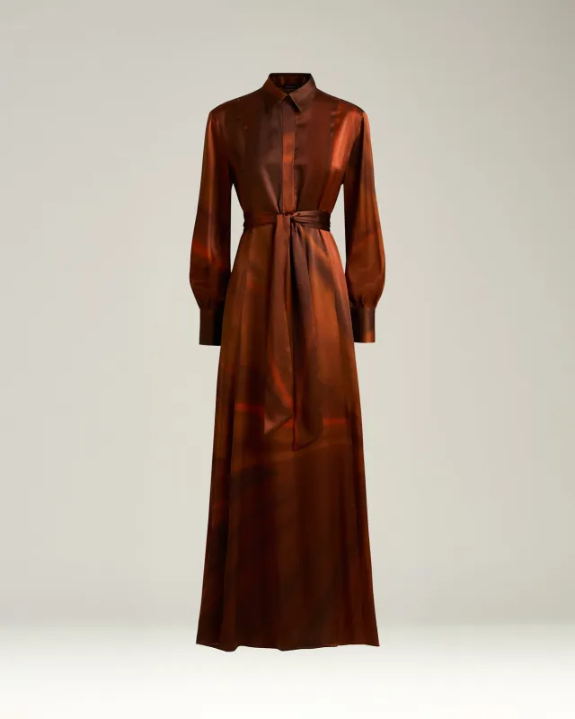 BROWN AND RUST PRINTED LONG SILK SHIRT DRESS sold by Kiton