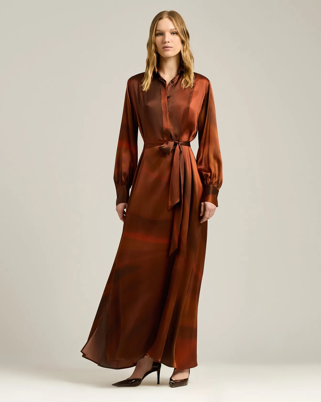 BROWN AND RUST PRINTED LONG SILK SHIRT DRESS sold by Kiton product image thumbnail 2