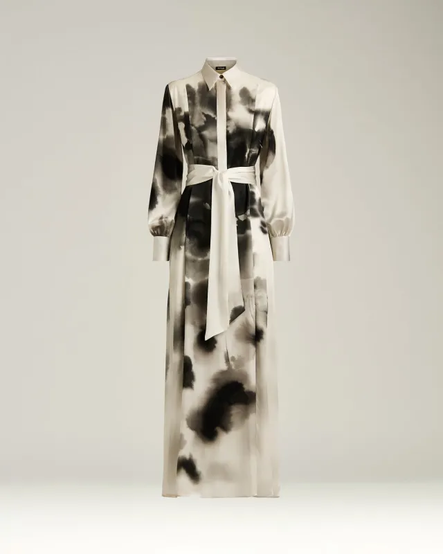 WHITE AND BLACK PRINTED LONG SILK SHIRT DRESS sold by Kiton