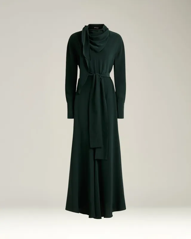 PINE GREEN LONG SILK DRESS WITH DRAPED NECKLINE made by Kiton