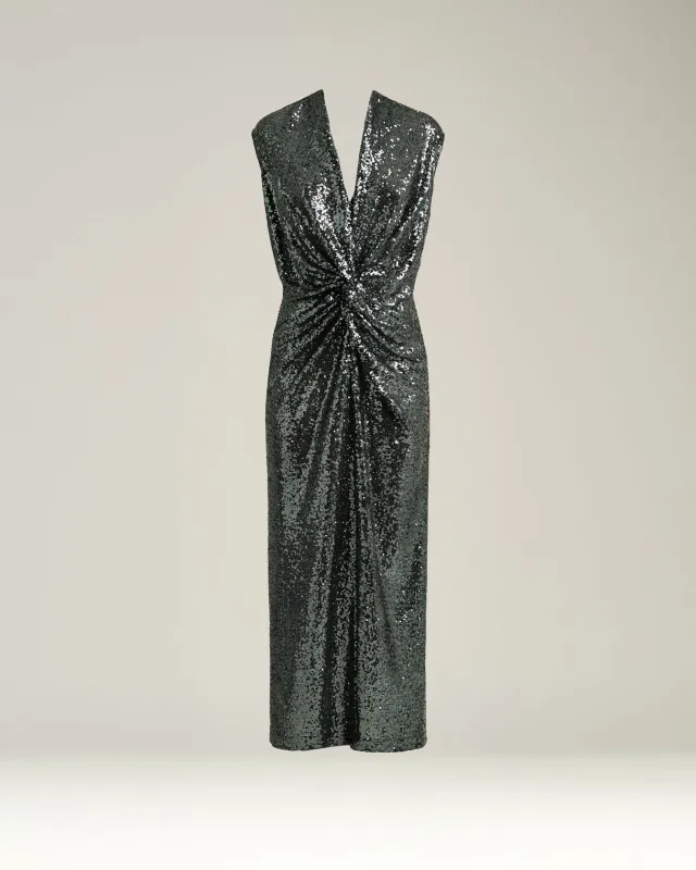 GRAY DRAPED MIDI DRESS WITH SEQUINS sold by Kiton