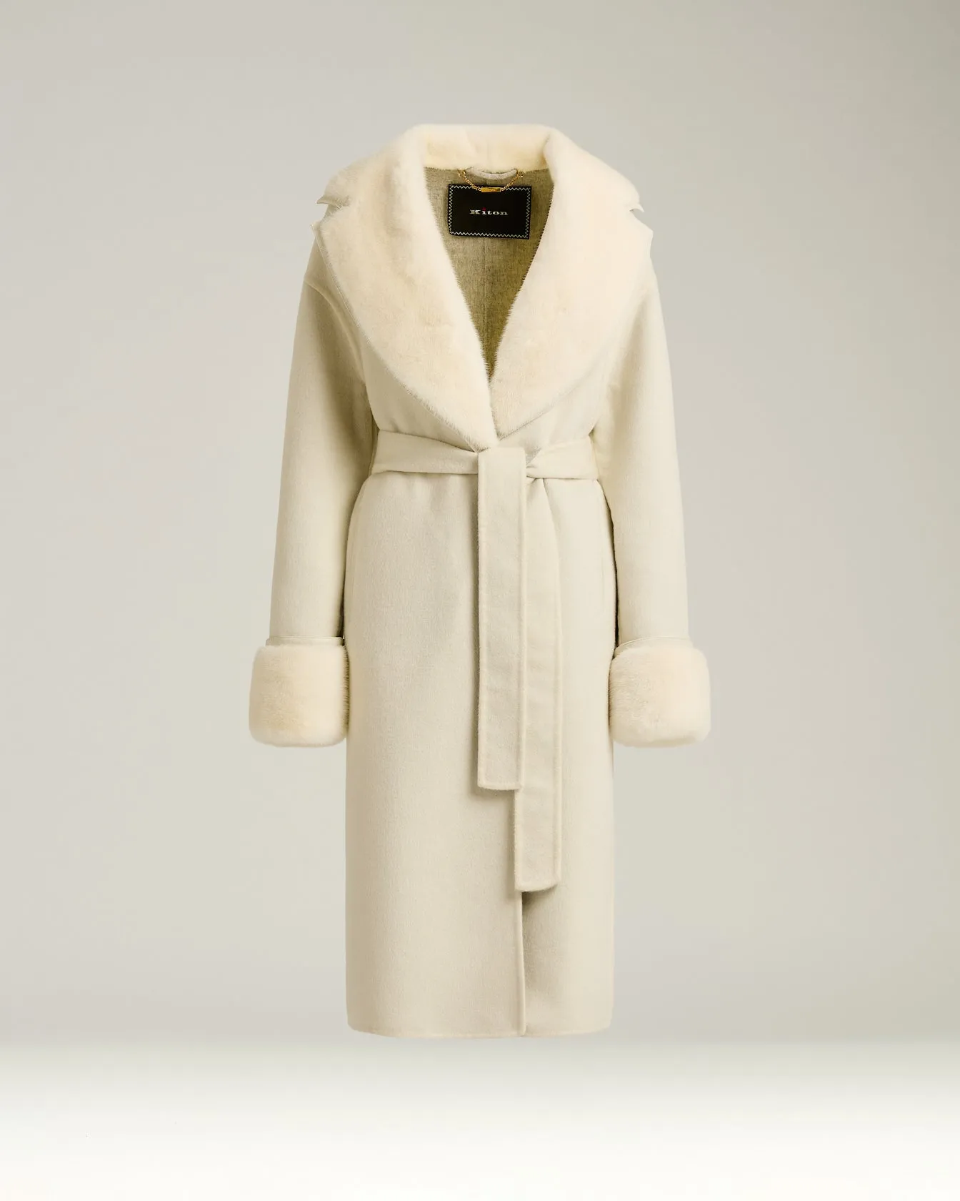 WHITE CASHMERE COAT WITH FUR DETAILS sold by Kiton