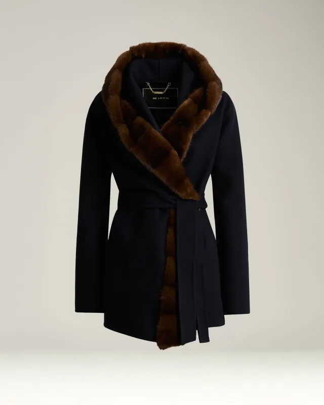 BLUE SHORT CASHMERE COAT WITH MINK FUR sold by Kiton