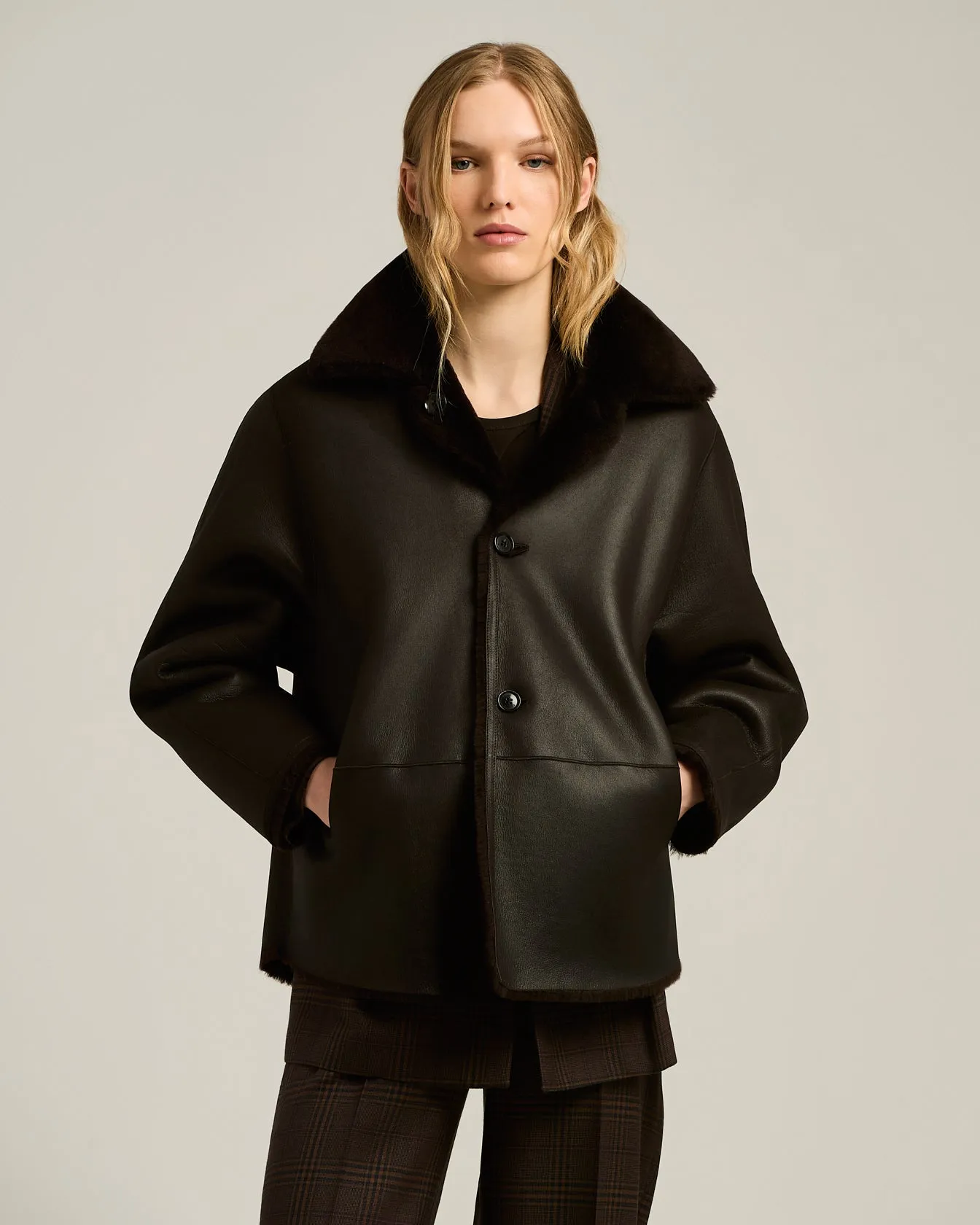 DARK BROWN REVERSIBLE SHEARLING SHORT JACKET sold by Kiton product image thumbnail 3