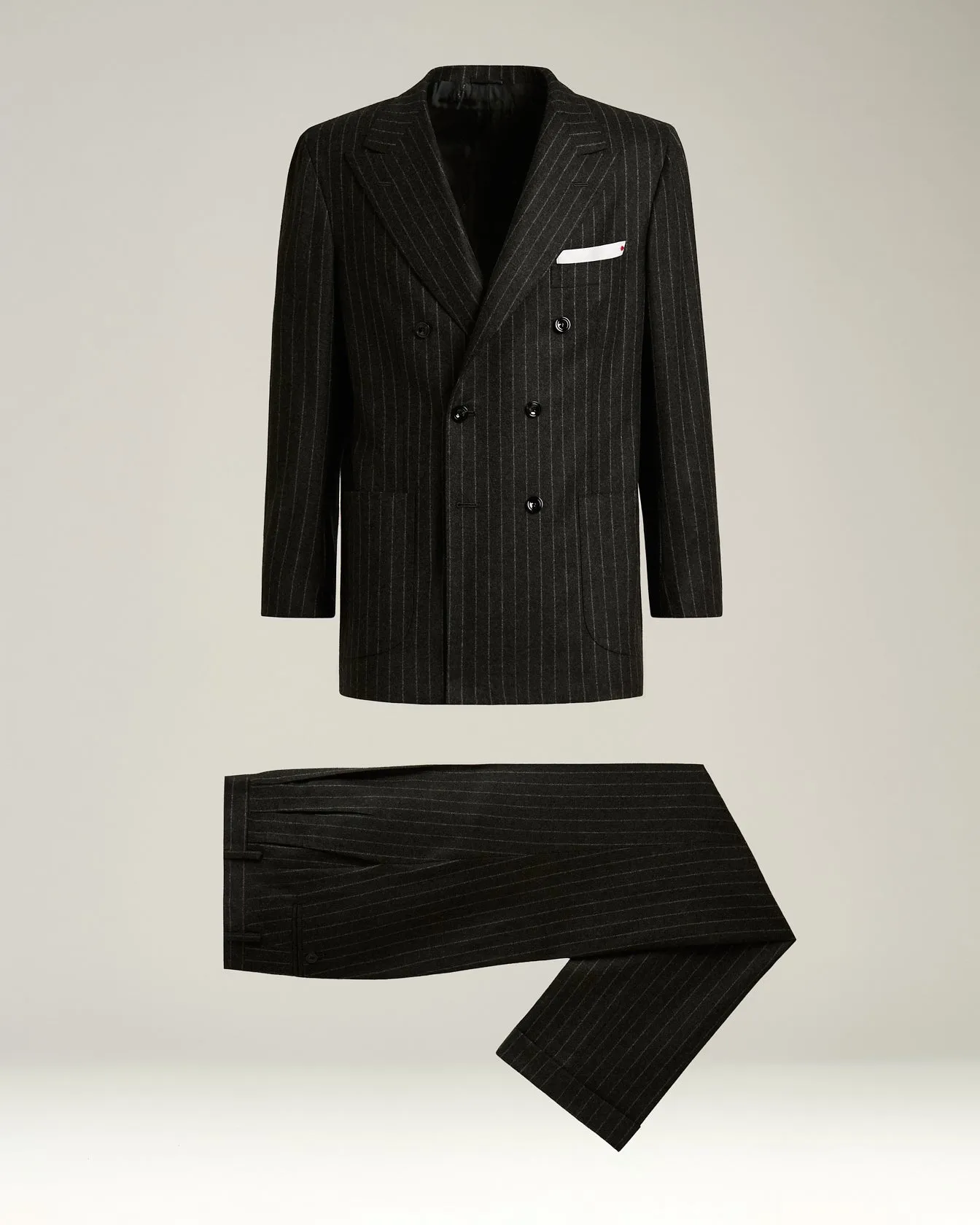 DOUBLE-BREASTED PINSTRIPE SUIT IN GREY WOOL AND CASHMERE sold by Kiton