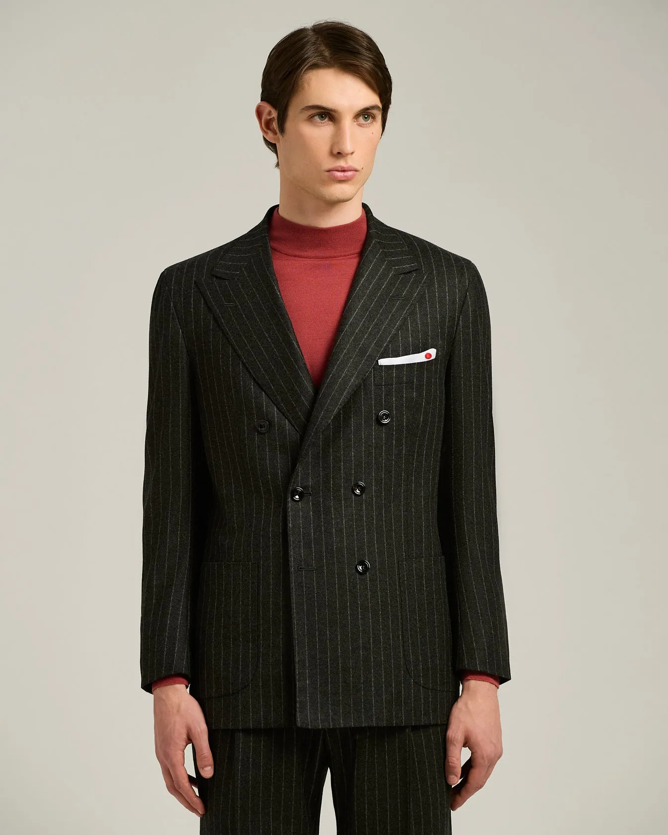 DOUBLE-BREASTED PINSTRIPE SUIT IN GREY WOOL AND CASHMERE sold by Kiton product image thumbnail 2