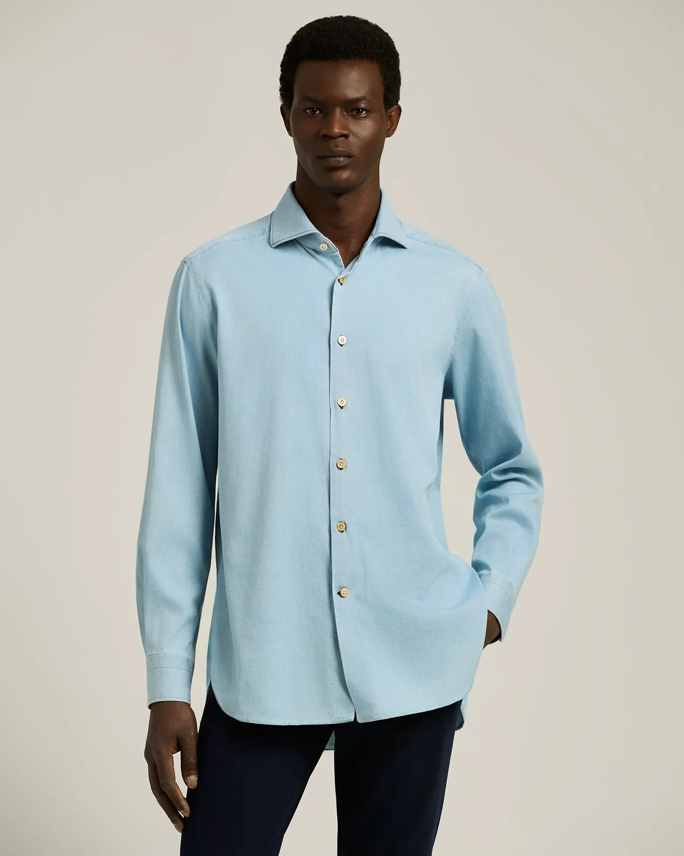 CASUAL LIGHT BLUE DENIM SHIRT WITH SPREAD COLLAR sold by Kiton product image thumbnail 2