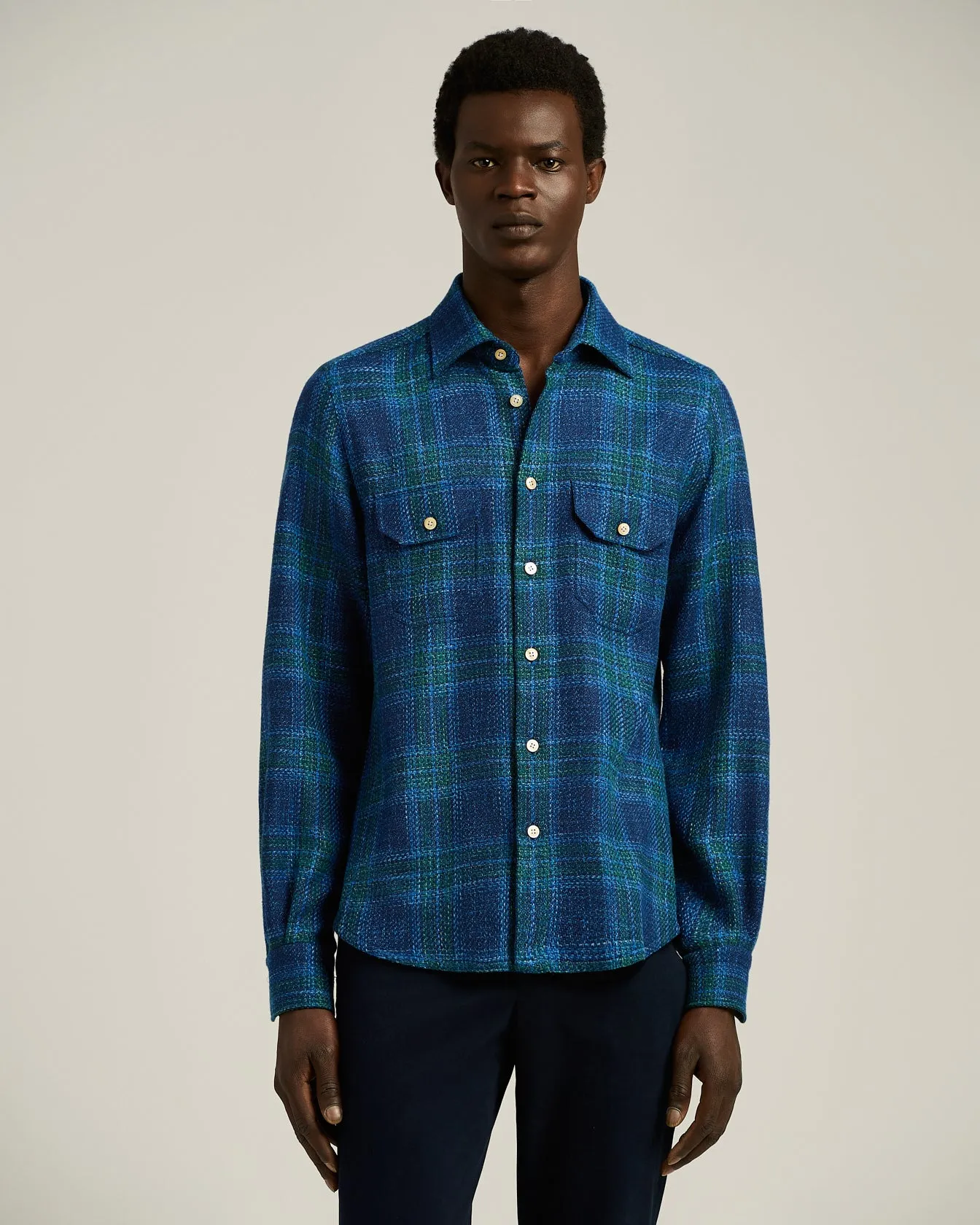 HANDMADE TARTAN OVERSHIRT IN BLUE WOOL BLEND sold by Kiton product image thumbnail 2