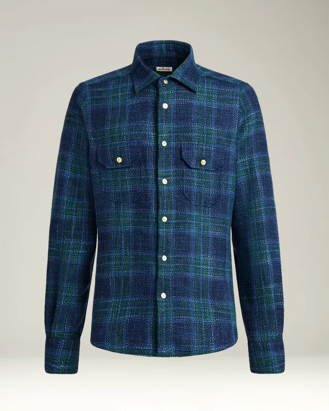 HANDMADE TARTAN OVERSHIRT IN BLUE WOOL BLEND sold by Kiton