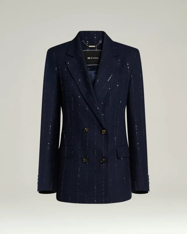 BLUE LINEN, WOOL AND SILK DOUBLE-BREASTED JACKET sold by Kiton