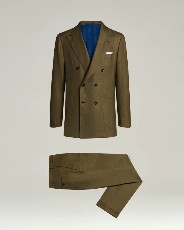BROWN LINEN, WOOL AND SILK BLEND DOUBLE-BREASTED SUIT sold by Kiton