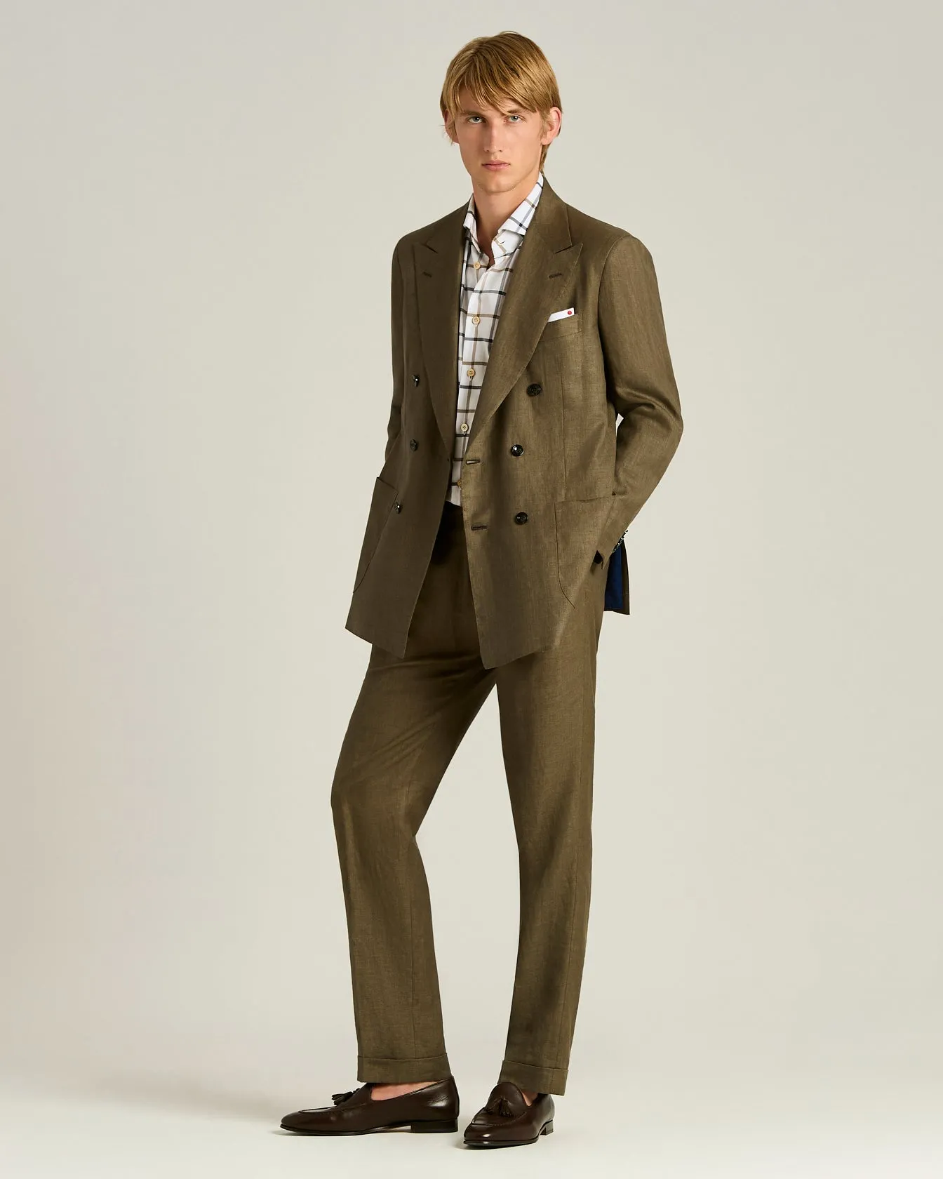 BROWN LINEN, WOOL AND SILK BLEND DOUBLE-BREASTED SUIT sold by Kiton product image thumbnail 5